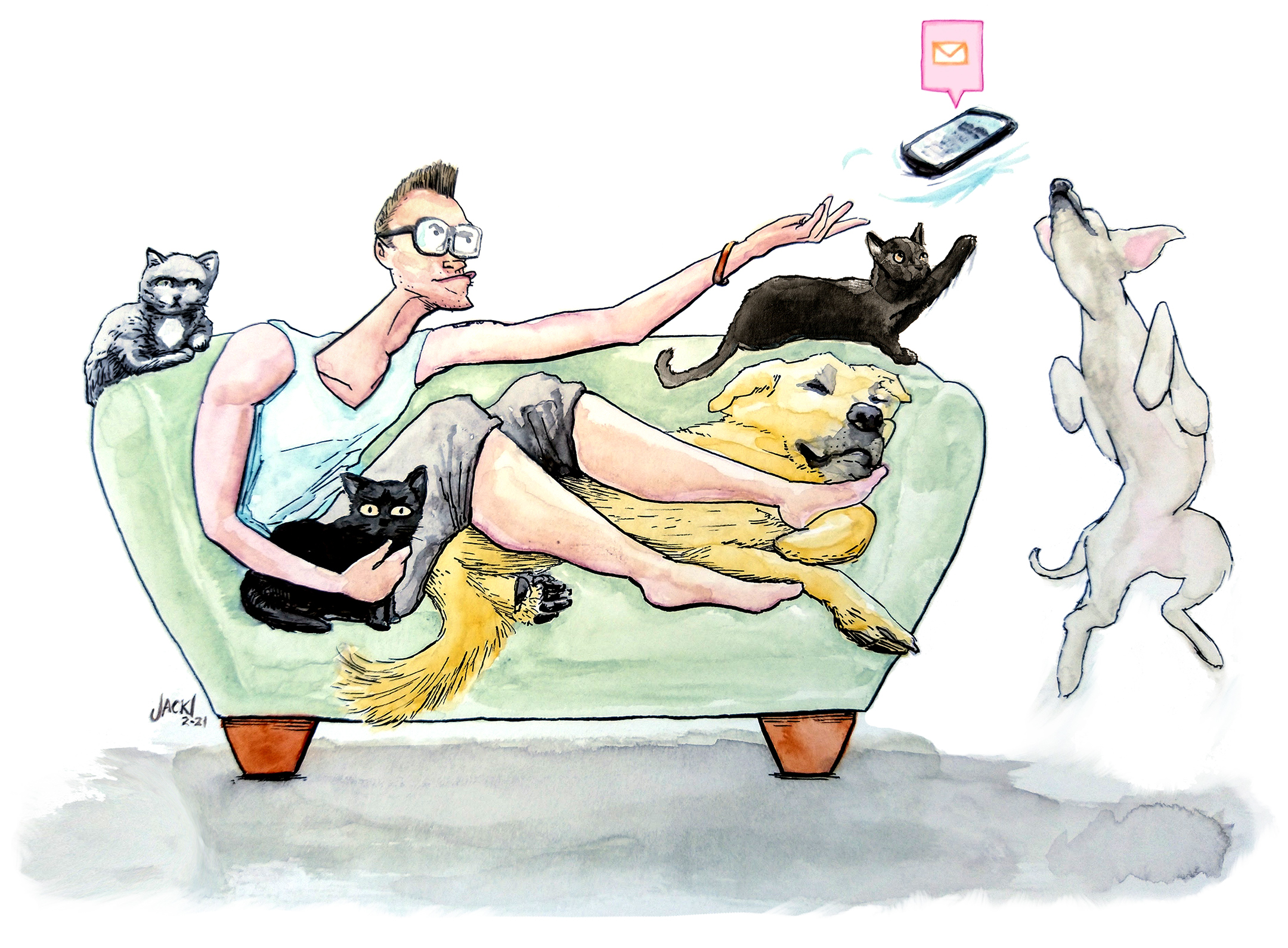 self portrait of the artist sitting with a big dog and three cats throwing his phone to a jumping dog